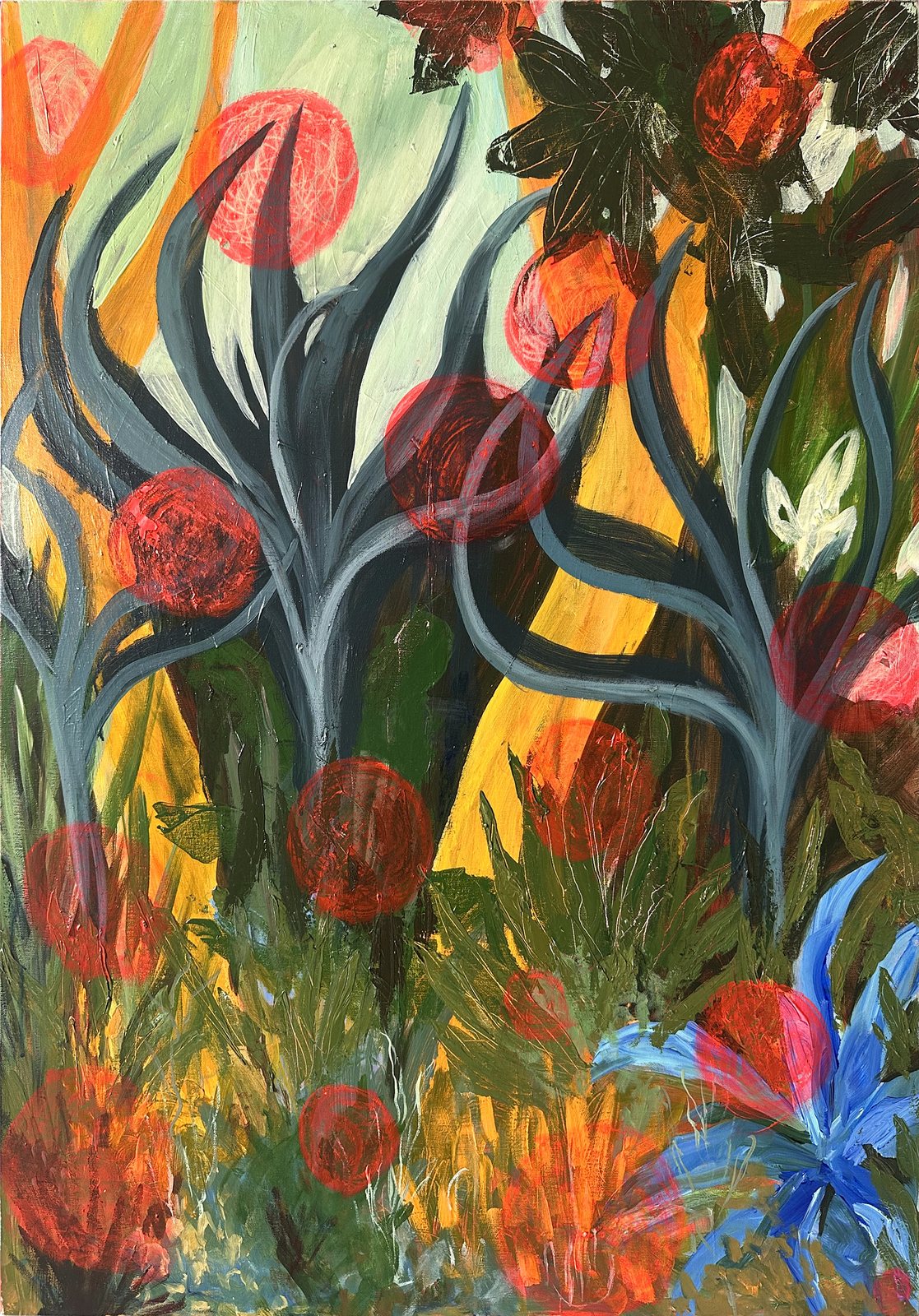Tropical Red Dots, painting by Viviana Ruiz Gomez